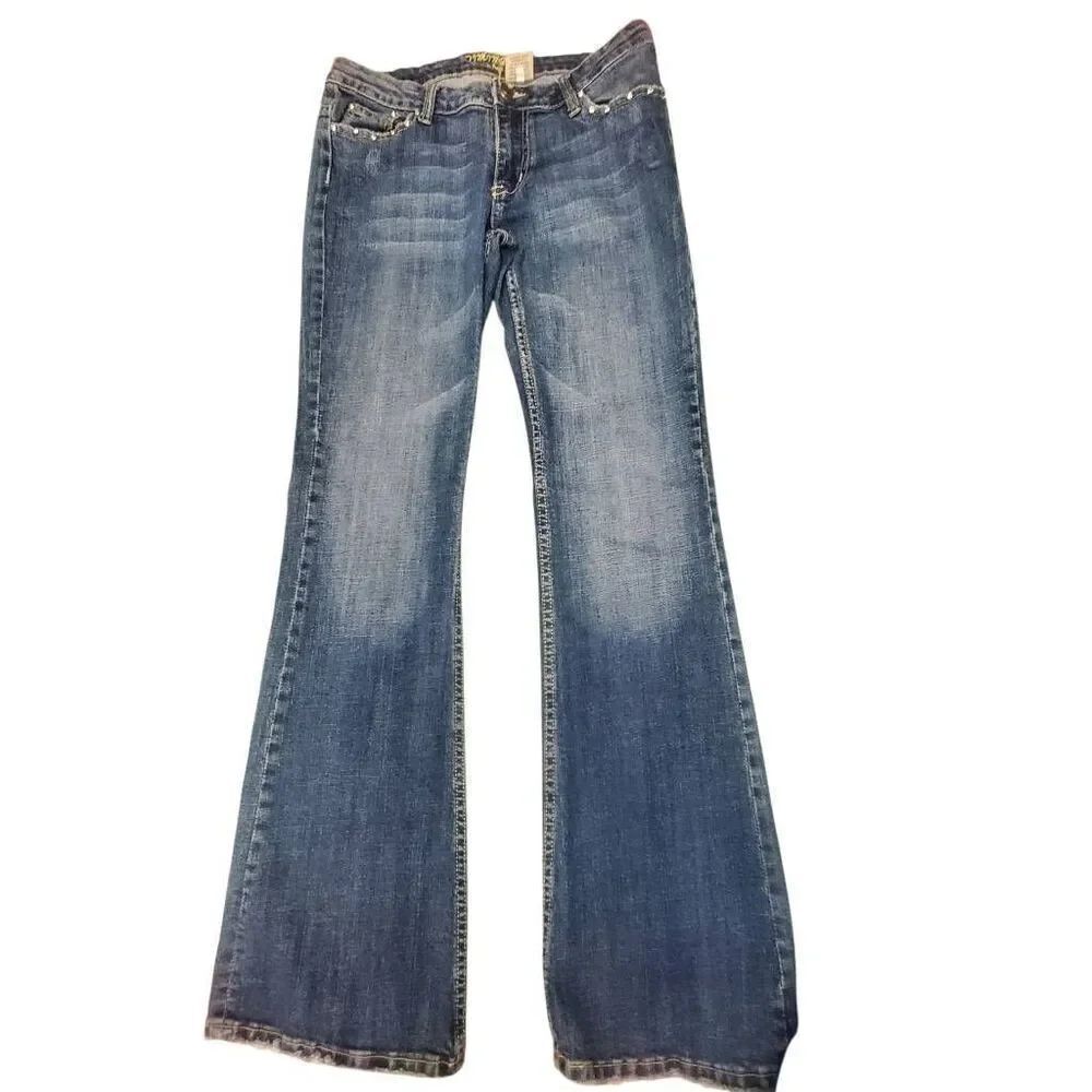 Timing Jeans Women’s Blue Bootcut Denim Rhinestone and Flower Embellished Pocket